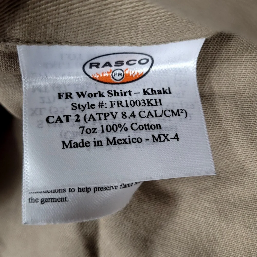 New Rasco FR Work Shirt Men's Small Khaki Western Snap Button Cotton FR1003KH